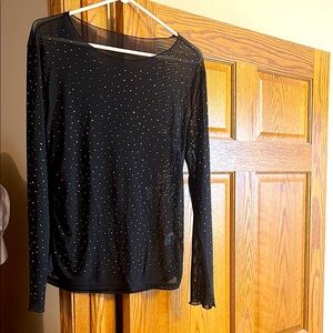 Black Sheer Long Sleeve Top with Rhinestones